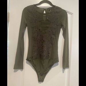 Army green body suit top with lace & mesh accents